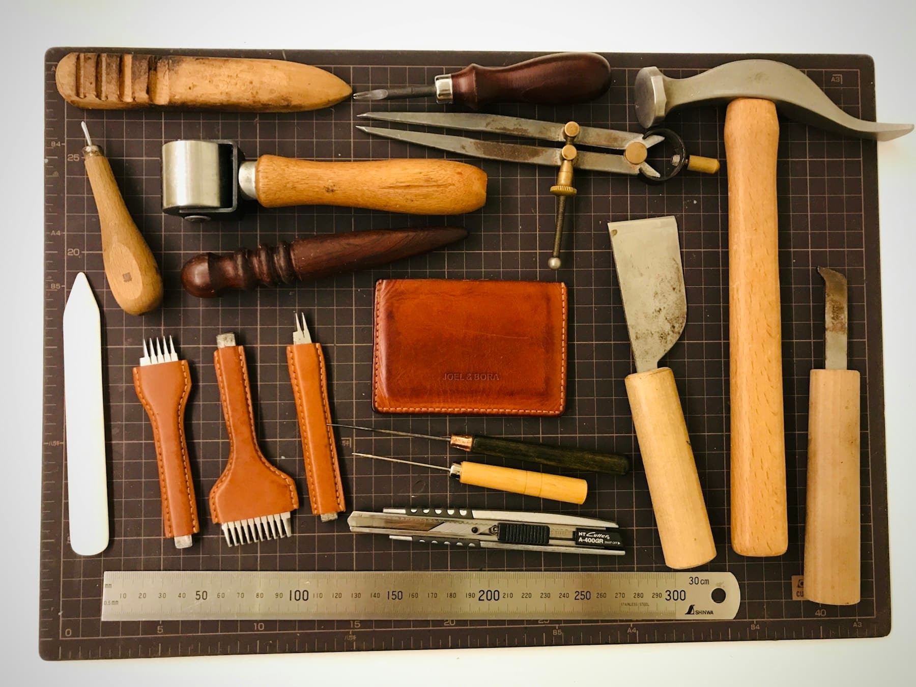 Leatherworking tools in the Magnus Leathers workshop